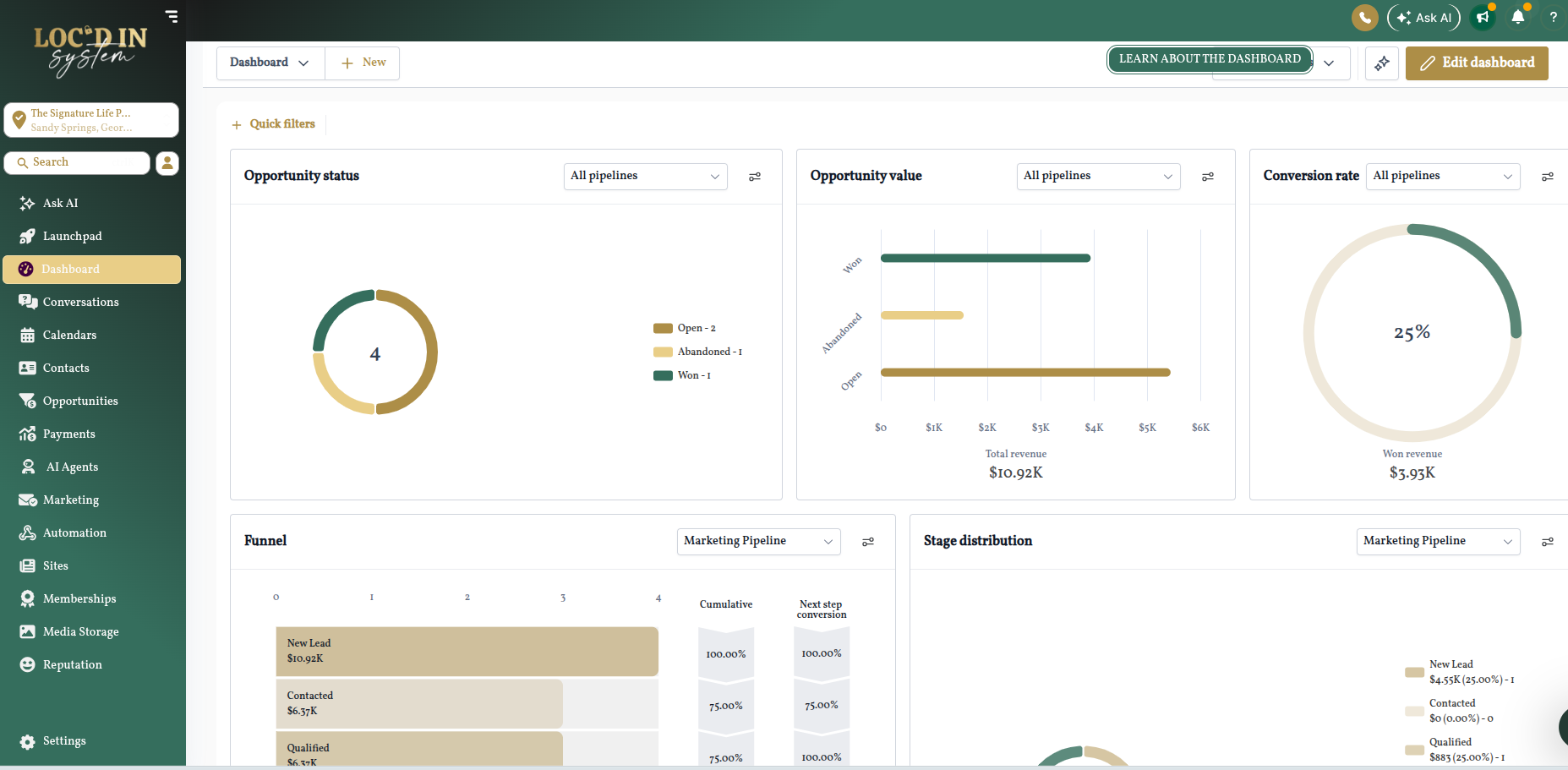 Loc'd In System dashboard showing opportunity status, opportunity value, conversion rate, and marketing pipeline with left navigation