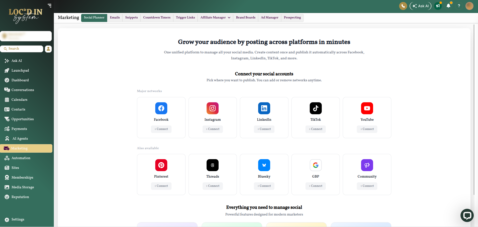 Loc'd In Marketing Social Planner showing connected social platforms