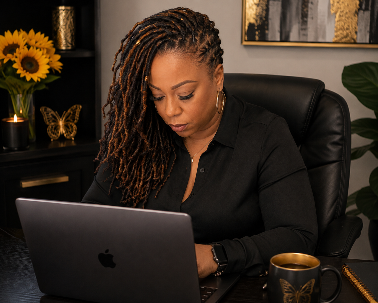Business owner working at her laptop in a warmly lit home office