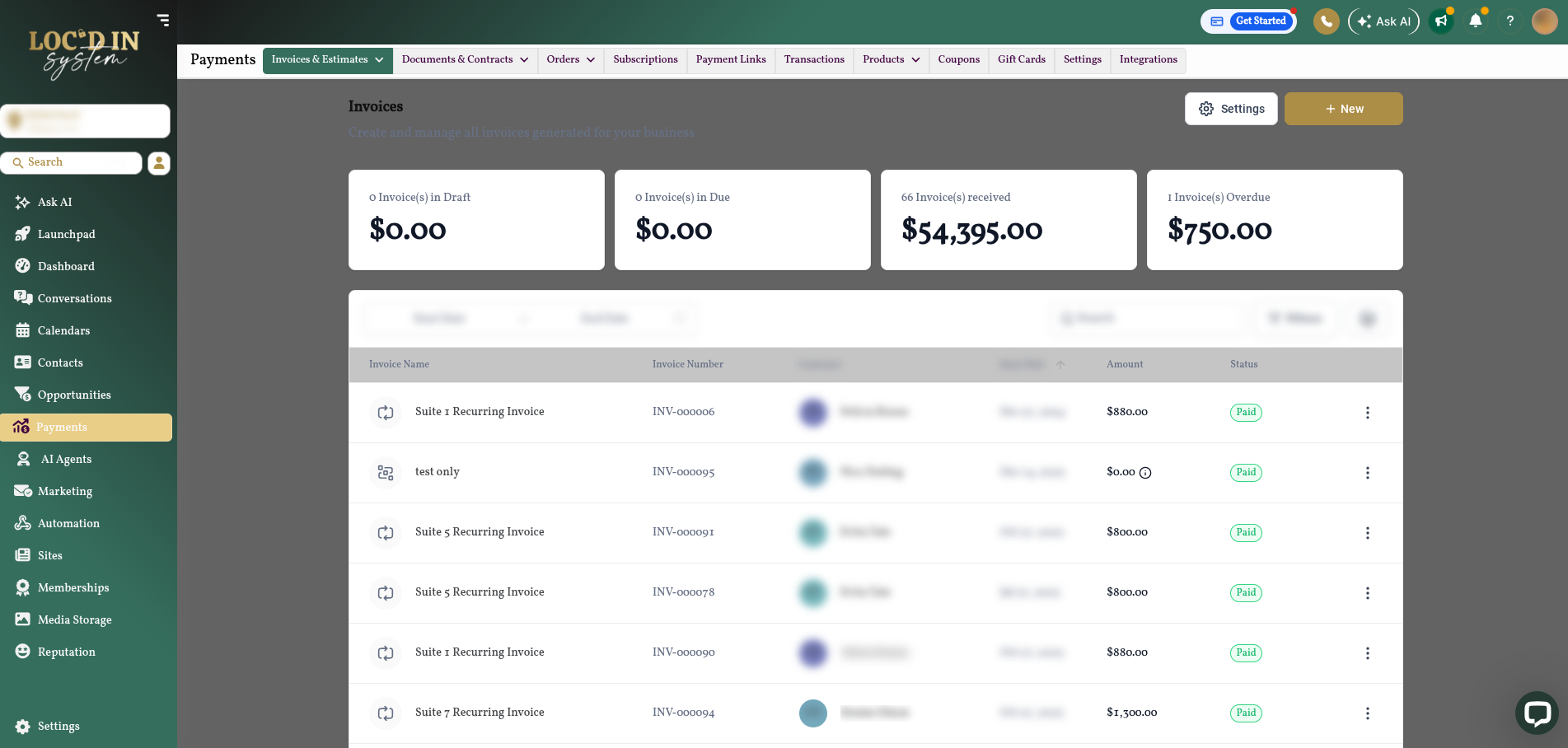Loc'd In Payments showing invoices, recurring transactions and statuses with client details privacy-protected