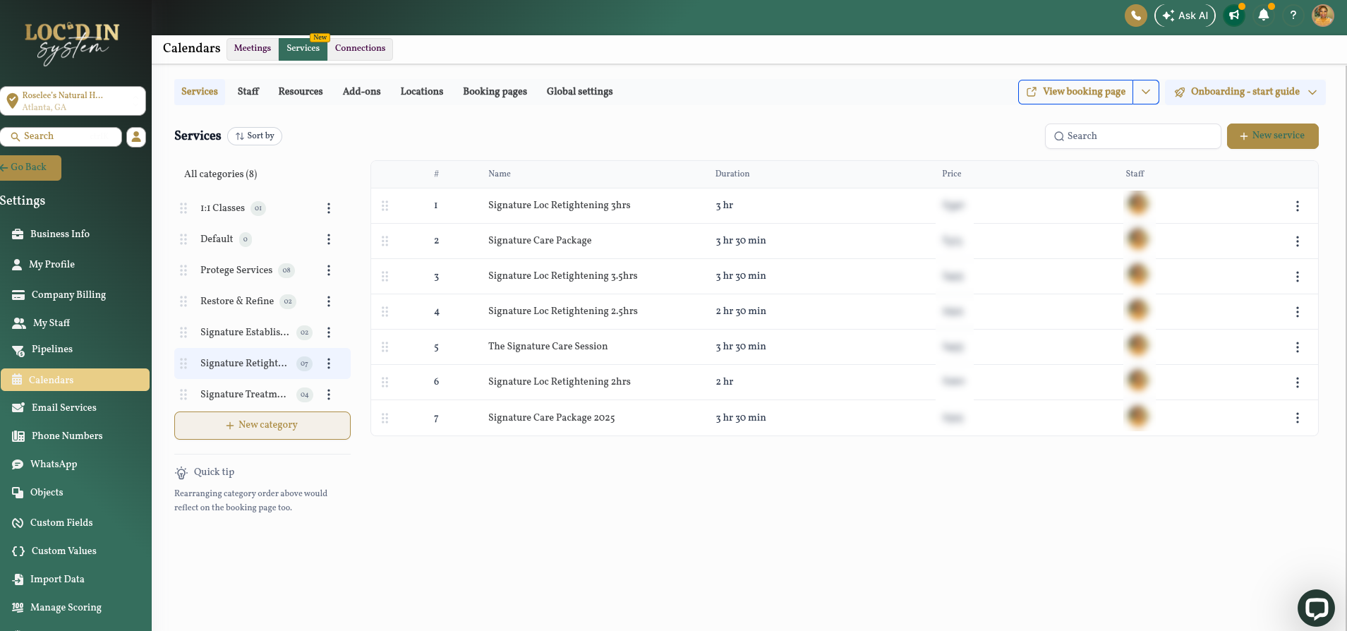 Loc'd In Calendars showing Signature Loc Method service categories and durations